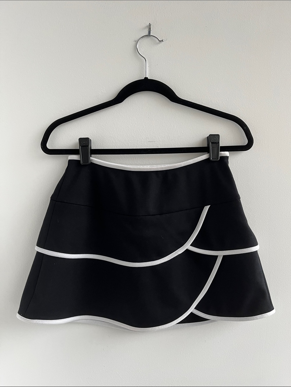 Black Mini Skirt with White Piping - Tiered Ruffle Style